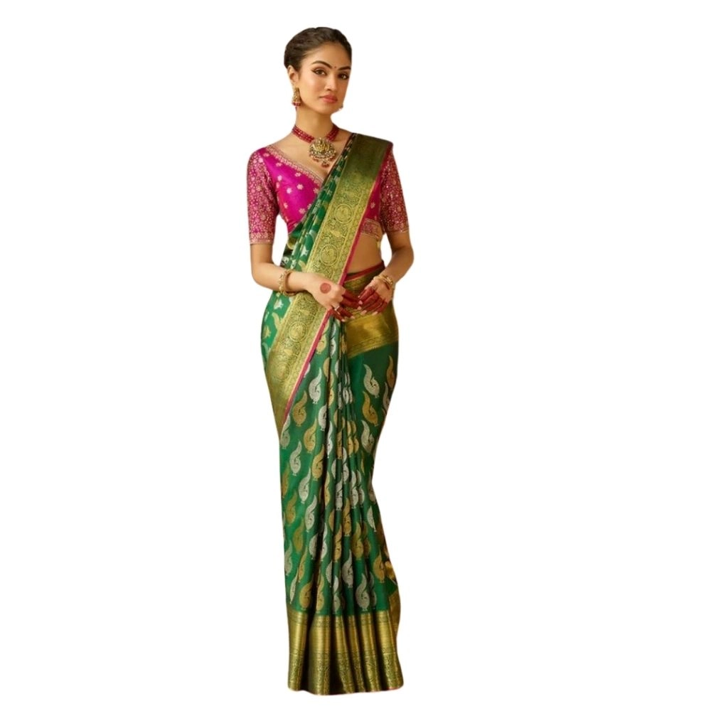 Women's Silk Printed Saree with Blouse – Green