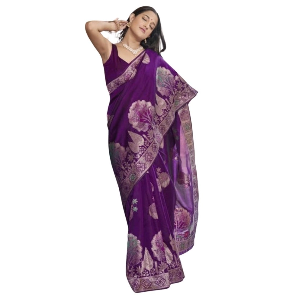 Women's Silk Printed Saree with Blouse – Purple