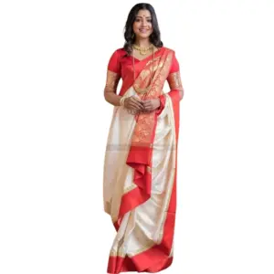 Women's Silk Printed Saree with Blouse – White-Red