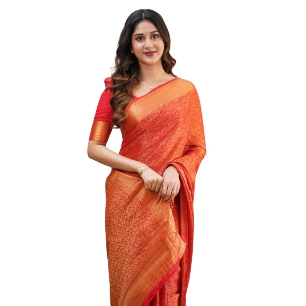 Women's Silk Printed Saree with Blouse – Orange