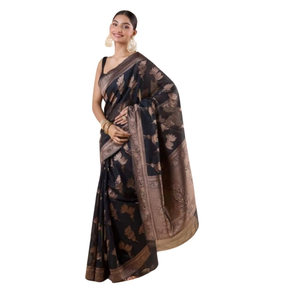 Women's Silk Printed Saree with Blouse – Black