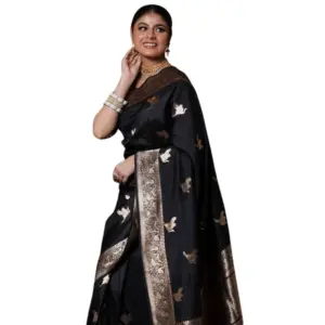 Women's Silk Printed Saree with Blouse – Black