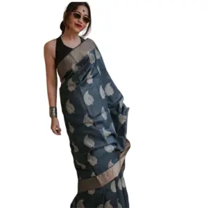 Women's Silk Printed Saree with Blouse – Black