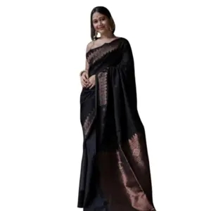 Women's Silk Printed Saree with Blouse – Black