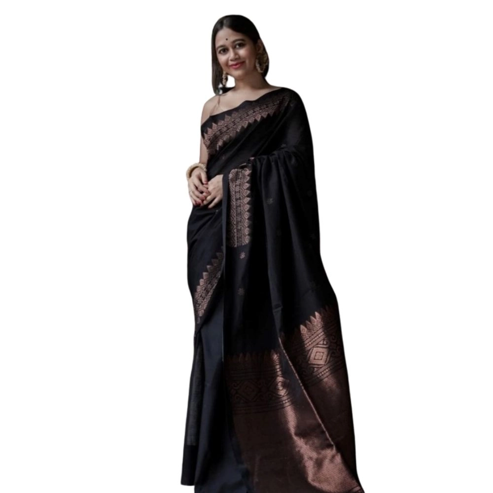 Women's Silk Printed Saree with Blouse – Black