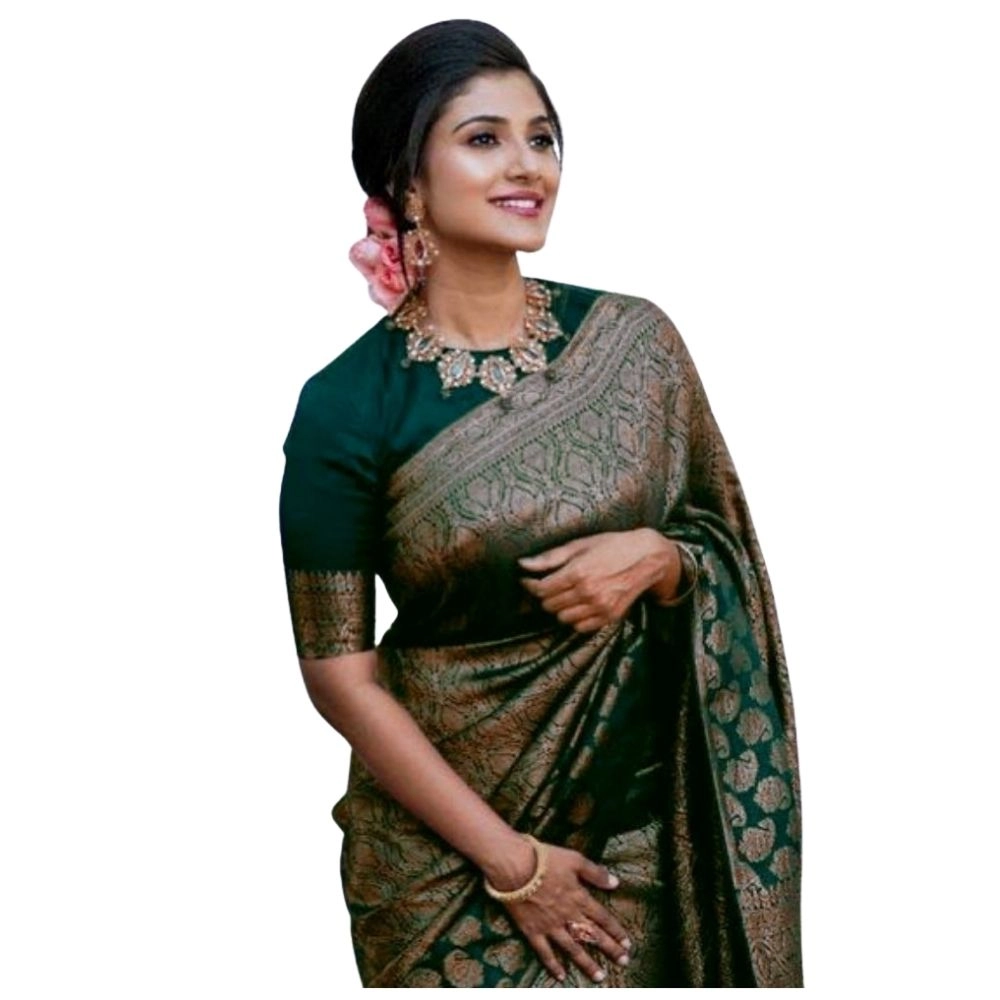 Women's Silk Printed Saree with Blouse – Green