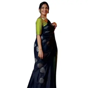 Women's Silk Printed Saree with Blouse – Navy Blue