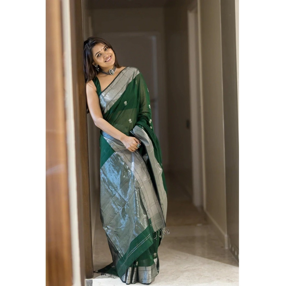 Women's Cotton Printed Saree with Blouse – Green