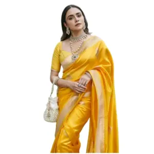 Women's Silk Printed Saree with Blouse – Yellow