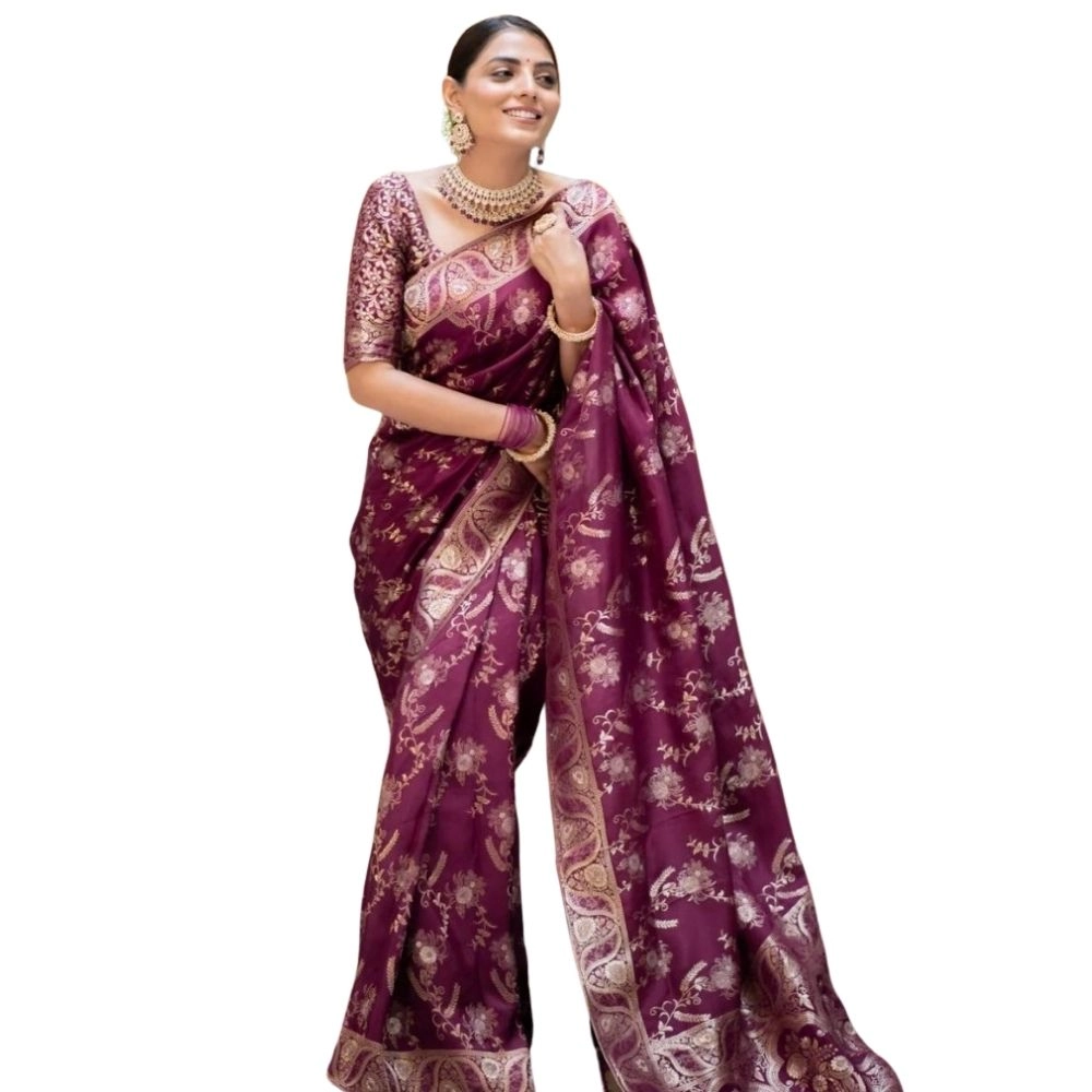 Women's Silk Printed Saree with Blouse – Wine