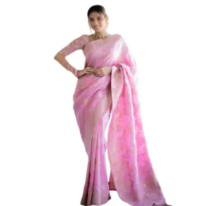 Women's Silk Printed Saree with Blouse – Pink