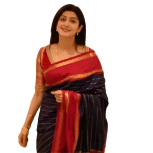 Women's Silk Printed Saree with Blouse – Navy Blue