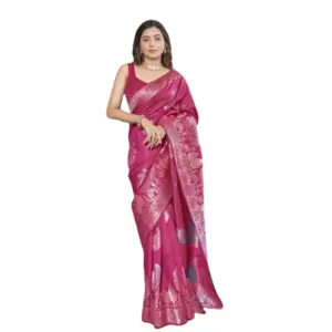 Women's Silk Printed Saree with Blouse – Rani Pink