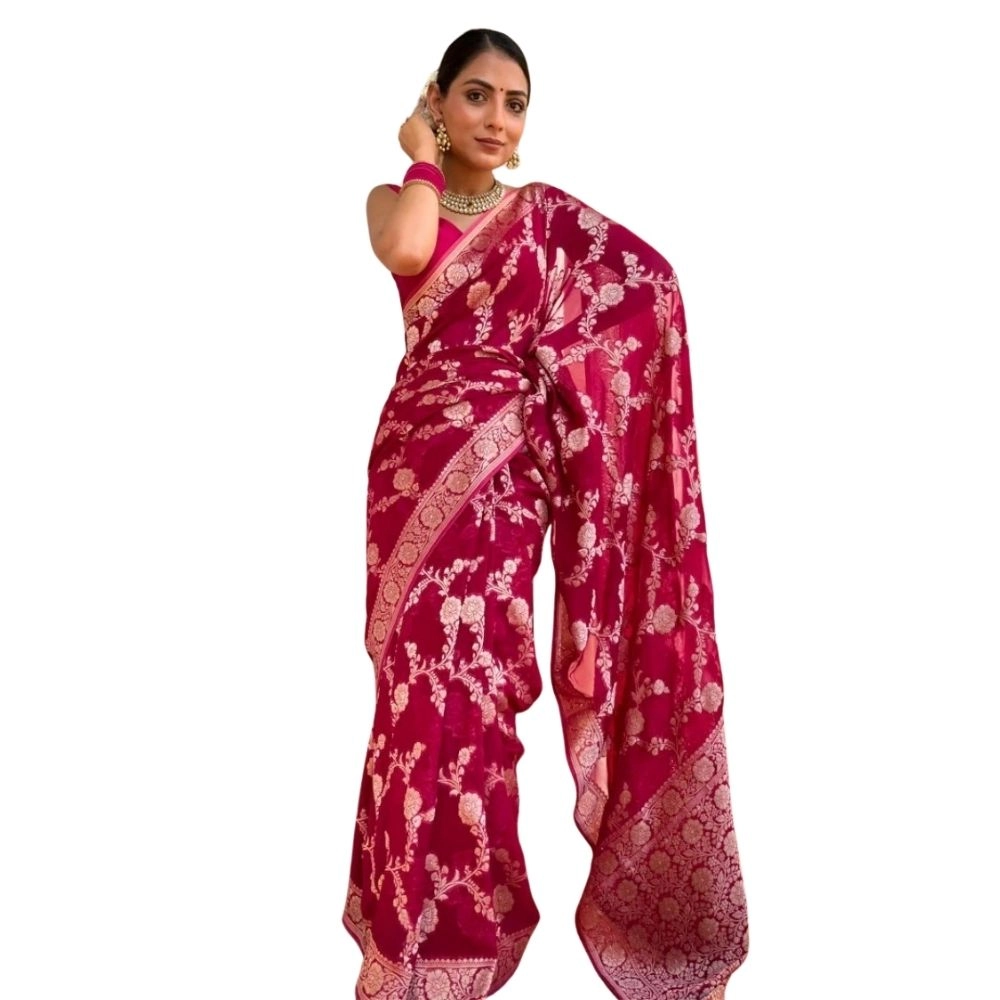 Women's Silk Printed Saree with Blouse – Pink
