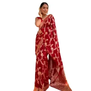 Women's Silk Printed Saree with Blouse – Red