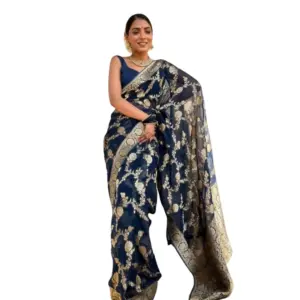 Women's Silk Printed Saree with Blouse – Dark Blue
