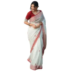 Women's Cotton Printed Saree with Blouse – White-Red