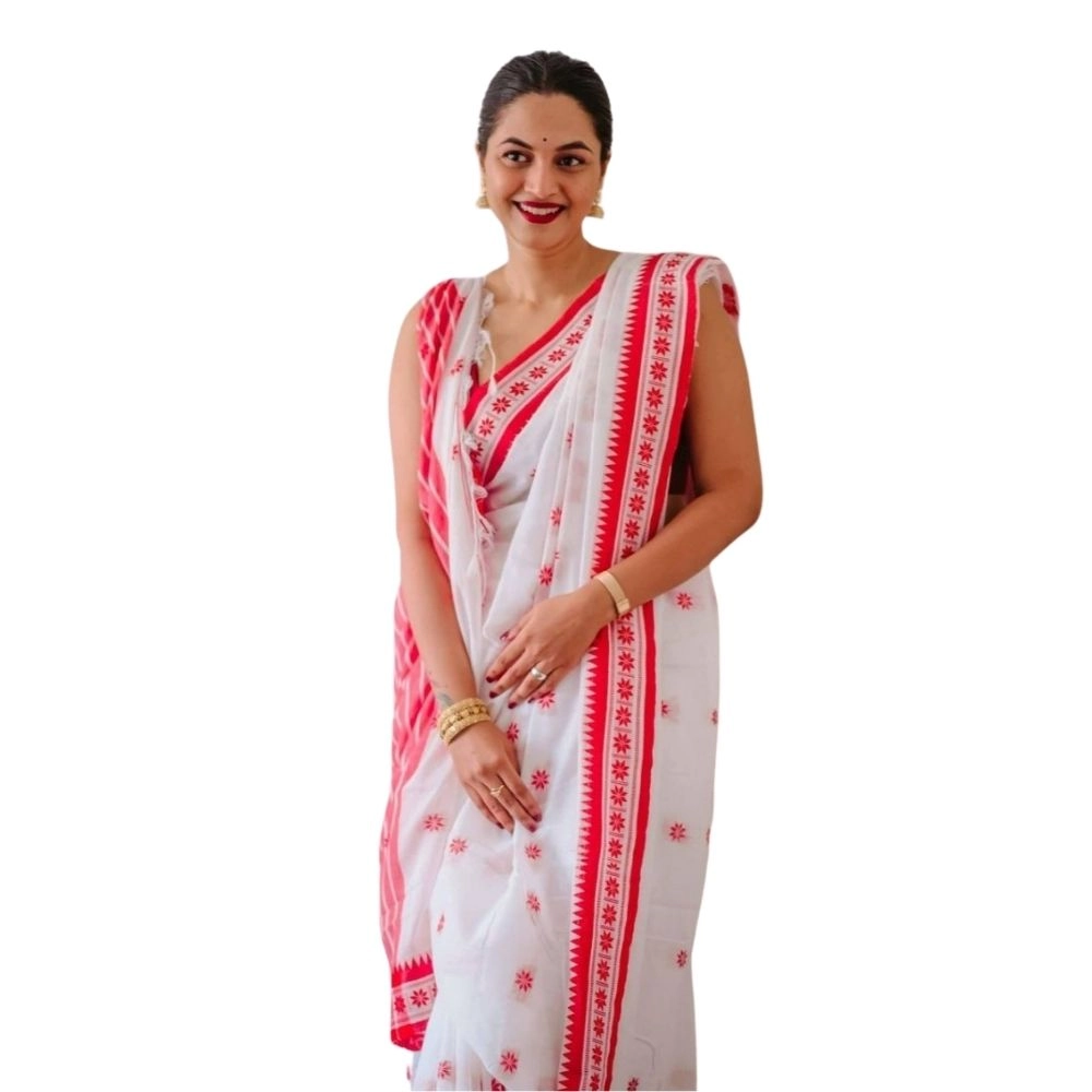 Women's Cotton Printed Saree with Blouse – White-Pink