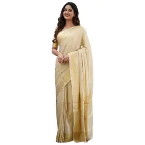 Women's Silk Printed Saree with Blouse – Cream