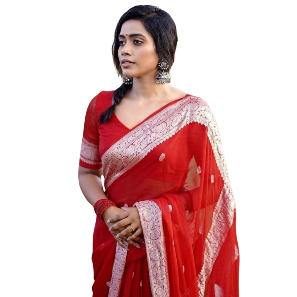 Women's Cotton Printed Saree with Blouse – Red
