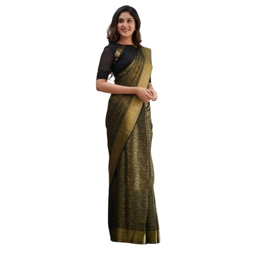 Women's Silk Printed Saree with Blouse – Black