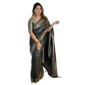 Women's Silk Printed Saree with Blouse – Black