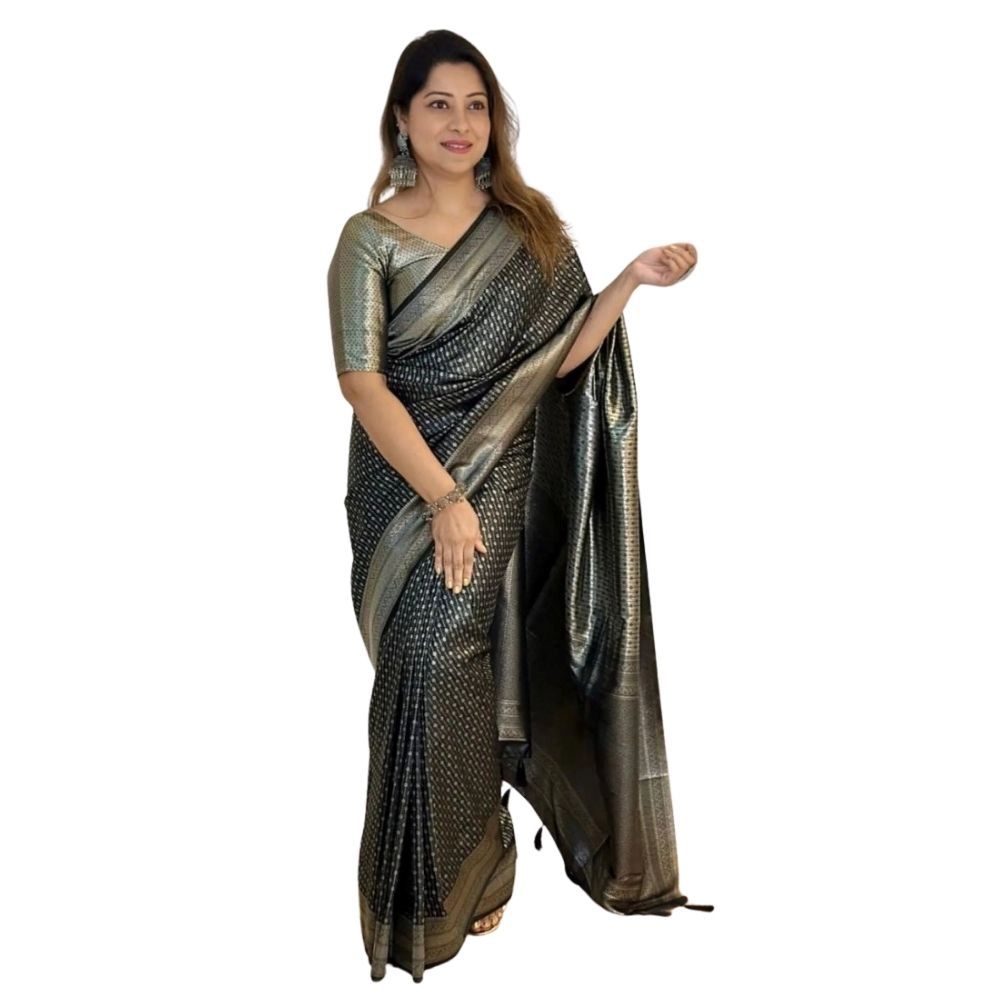 Women's Silk Printed Saree with Blouse – Black