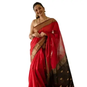 Women's Cotton Printed Saree with Blouse – Red