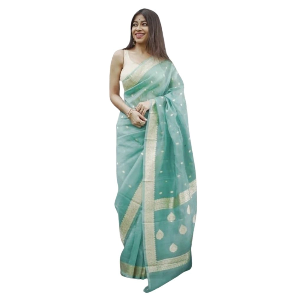 Women's Cotton Printed Saree with Blouse – Sky