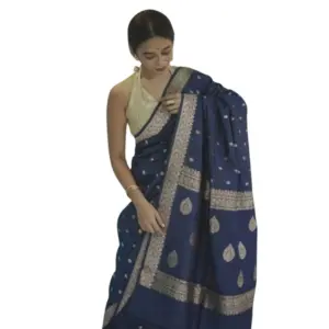 Women's Cotton Printed Saree with Blouse – Navy Blue