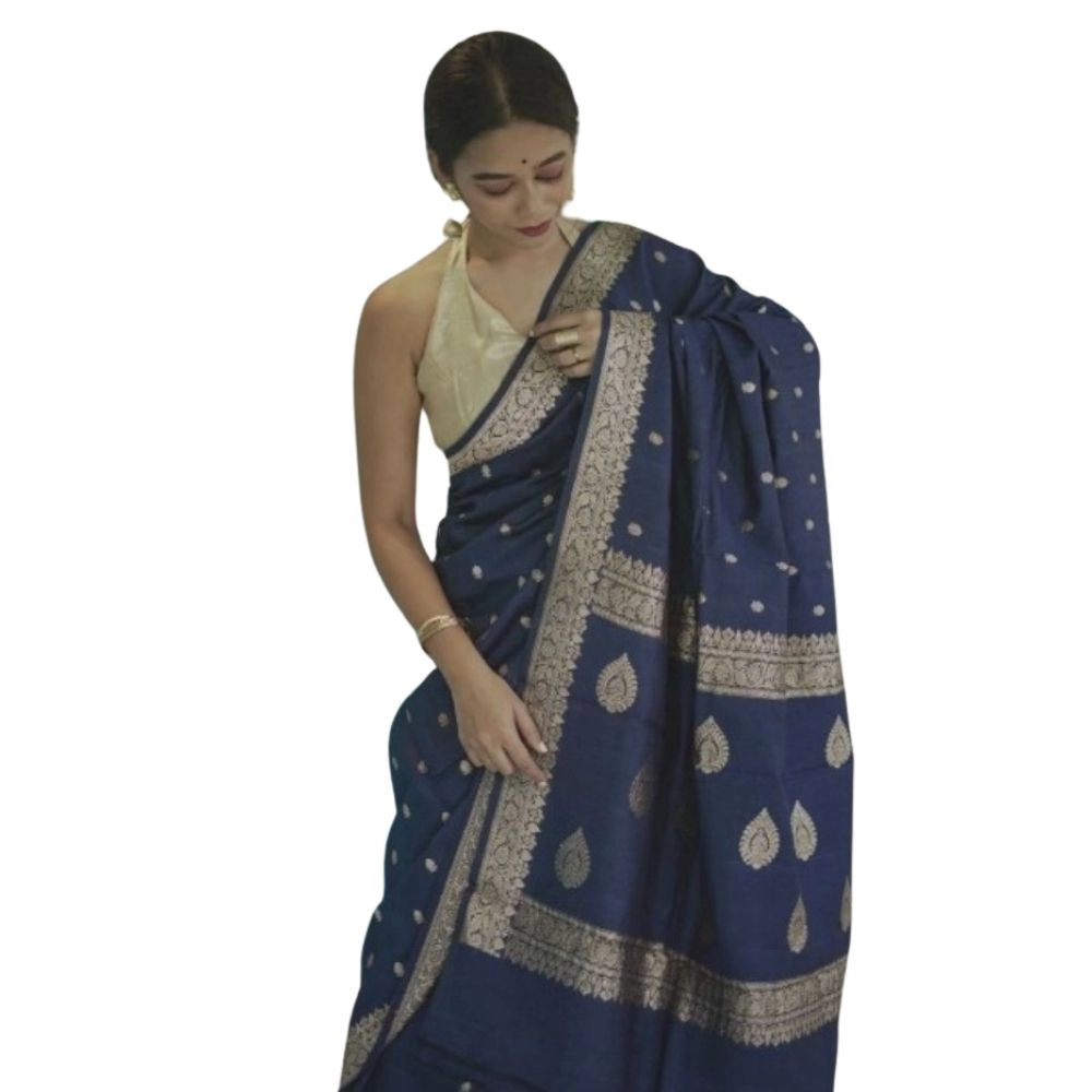 Women's Cotton Printed Saree with Blouse – Navy Blue