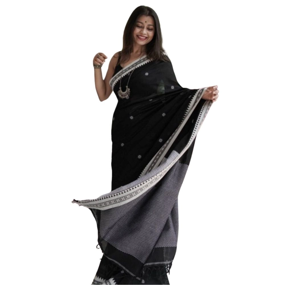 Women's Cotton Printed Saree with Blouse – Black