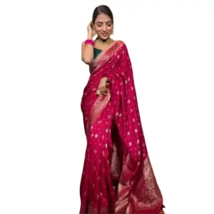 Women's Silk Printed Saree with Blouse – Rani Pink