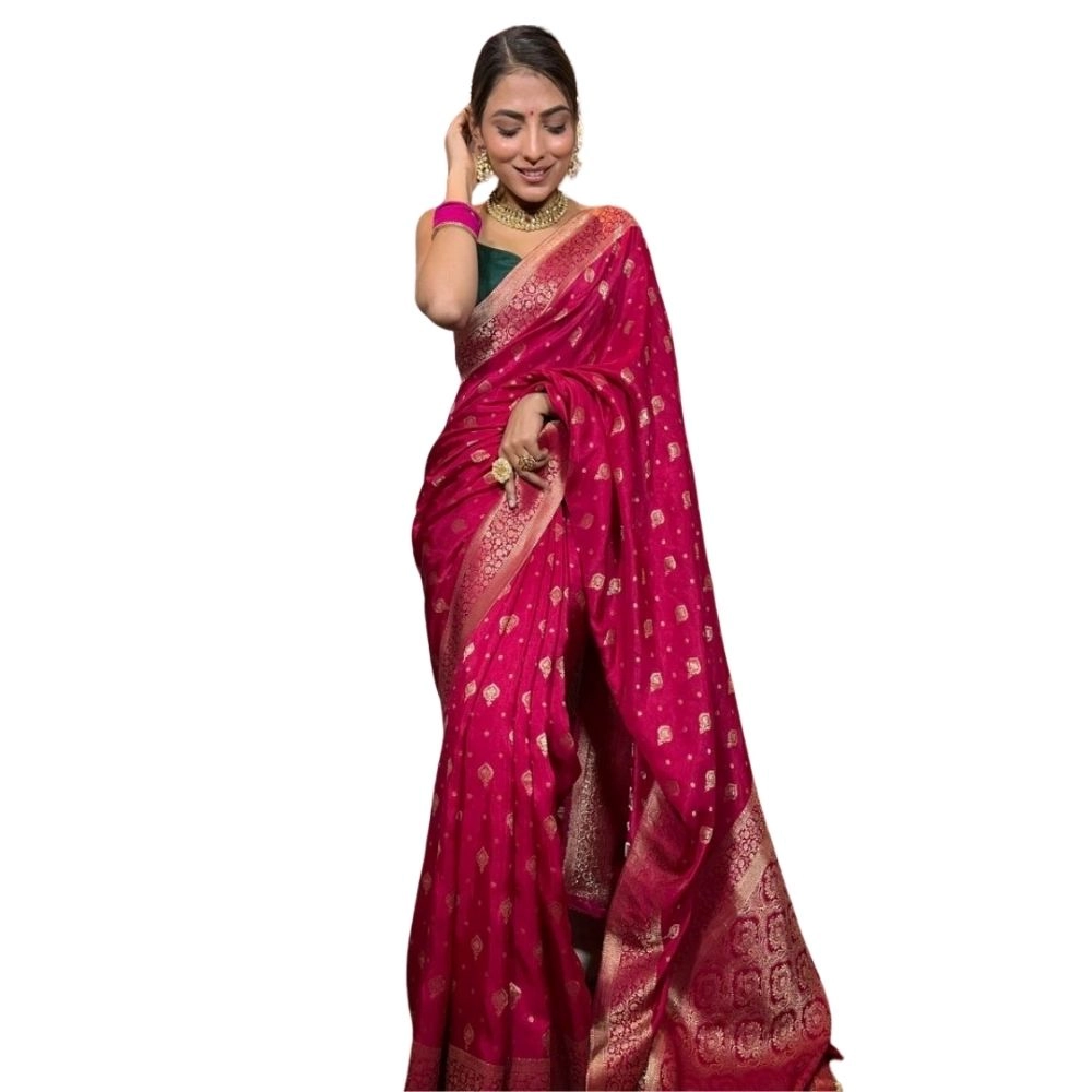 Women's Silk Printed Saree with Blouse – Rani Pink