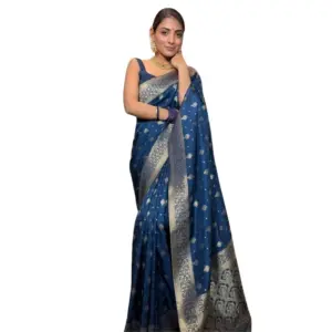 Women's Silk Printed Saree with Blouse – Rama Blue