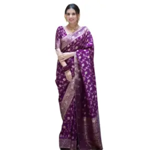 Women's Silk Printed Saree with Blouse – Purple