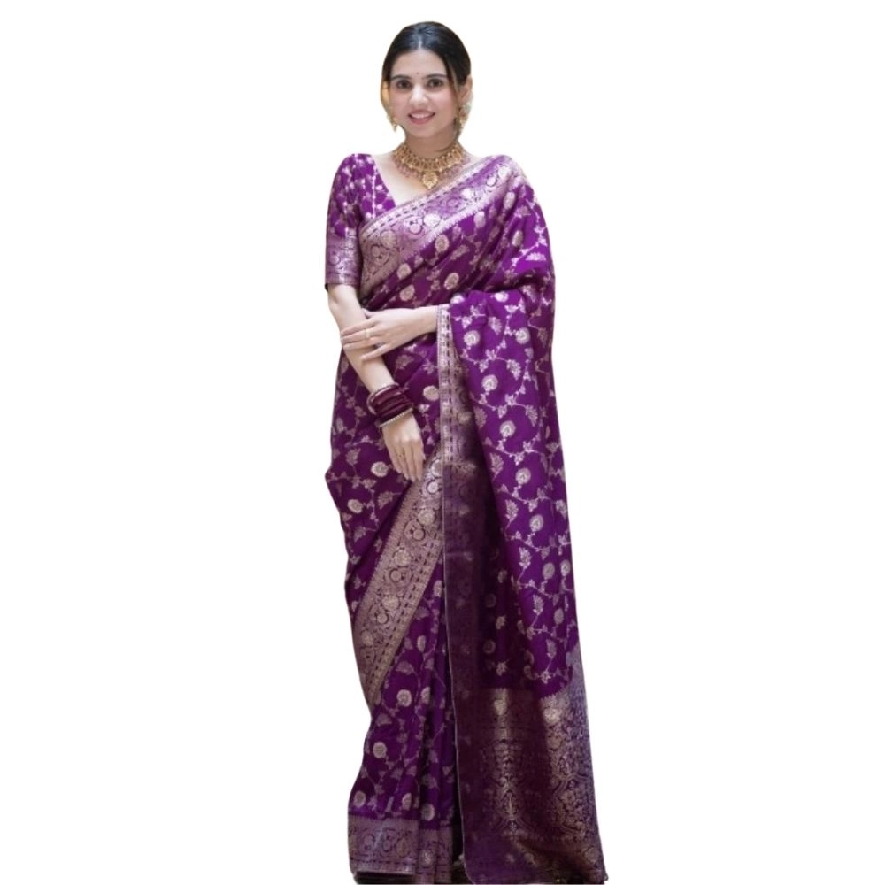 Women's Silk Printed Saree with Blouse – Purple