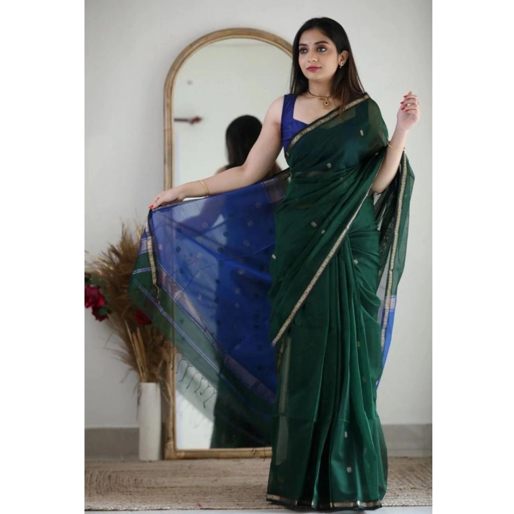 Women's Cotton Printed Saree with Blouse – Green