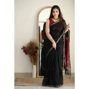 Women's Cotton Printed Saree with Blouse – Black