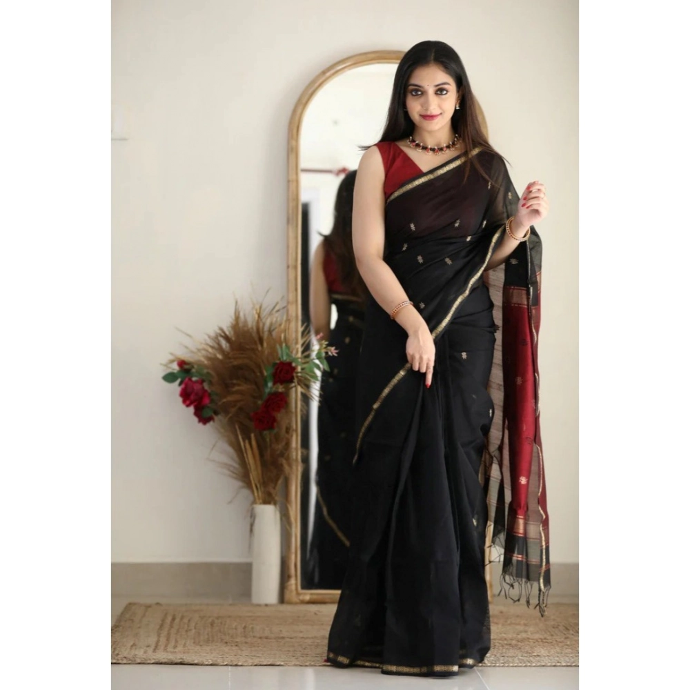 Women's Cotton Printed Saree with Blouse – Black