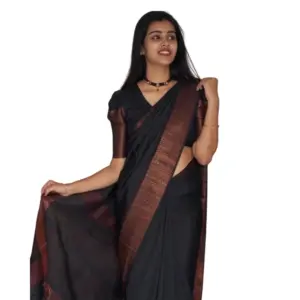 Women's Silk Printed Saree with Blouse – Black