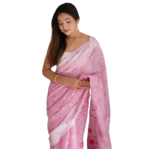 Women's Cotton Printed Saree with Blouse – Pink