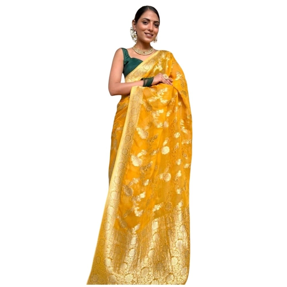 Women's Silk Printed Saree with Blouse – Gold Yellow