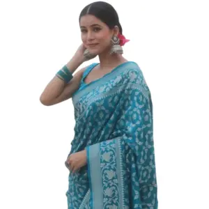 Women's Silk Printed Saree with Blouse – Sky Blue