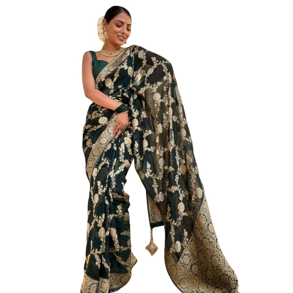 Women's Silk Printed Saree with Blouse – Dark Green