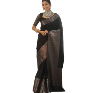 Women's Silk Printed Saree with Blouse – Black