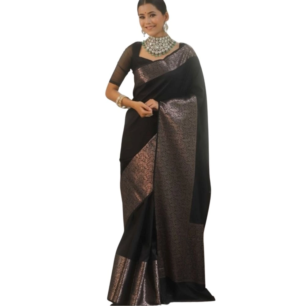 Women's Silk Printed Saree with Blouse – Black