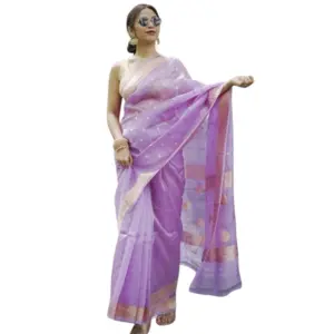 Women's Cotton Printed Saree with Blouse – Lavender