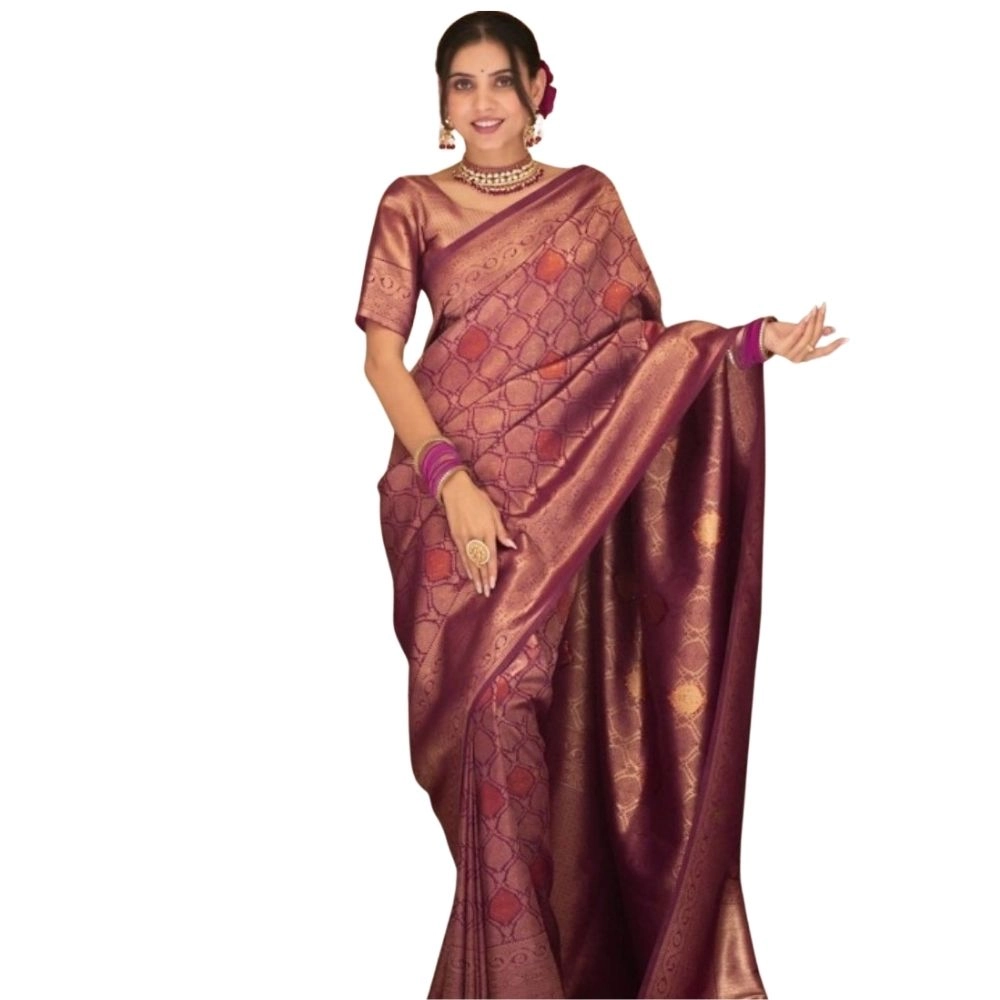 Women's Silk Printed Saree with Blouse – Wine