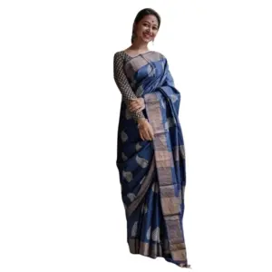 Women's Silk Printed Saree with Blouse – Navy Blue